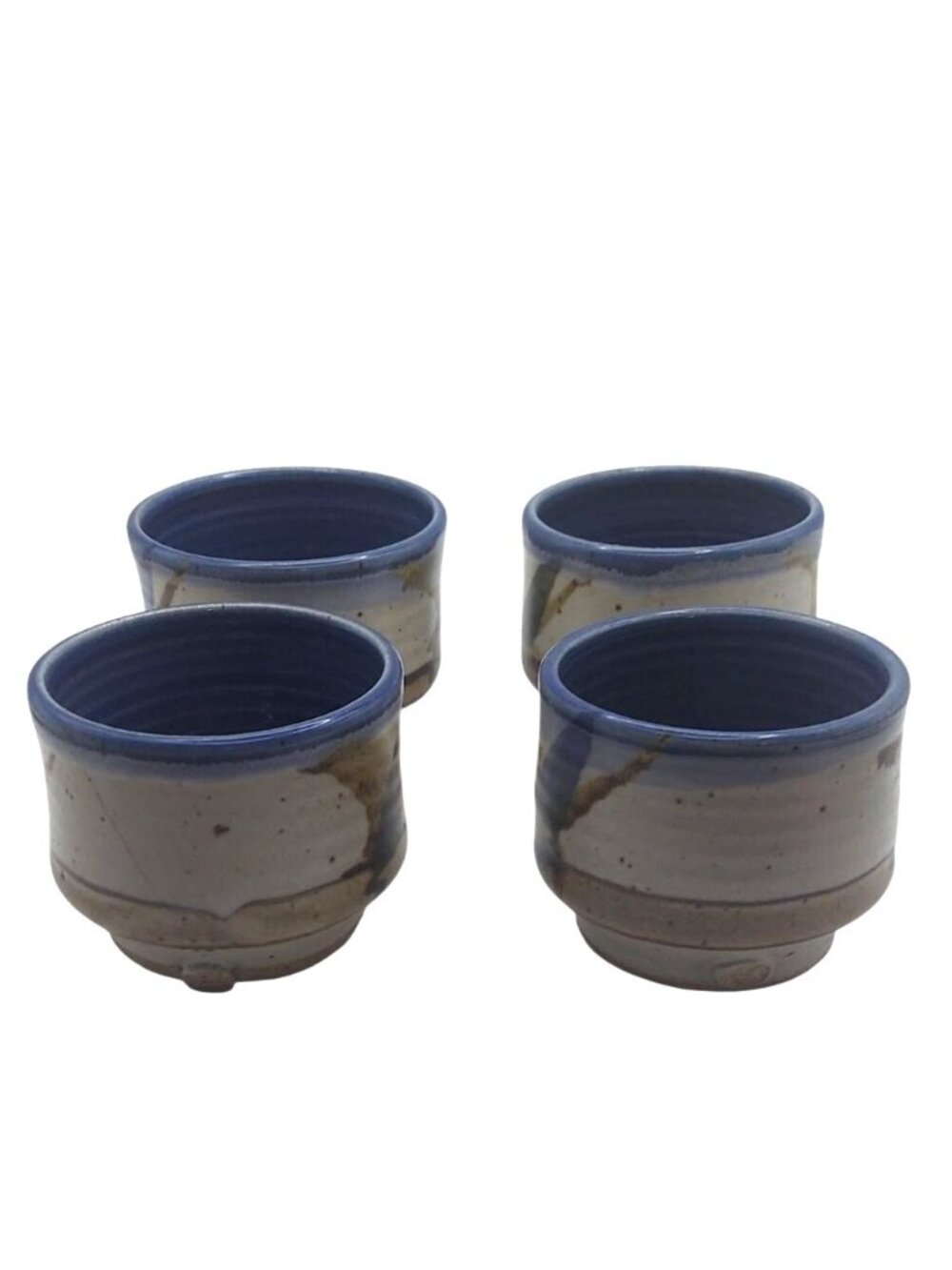 Vintage Japanese Studio Pottery Hand Thrown Tea Cups Set Of 4 Blue & Brown Glaze - Picture 7 of 8